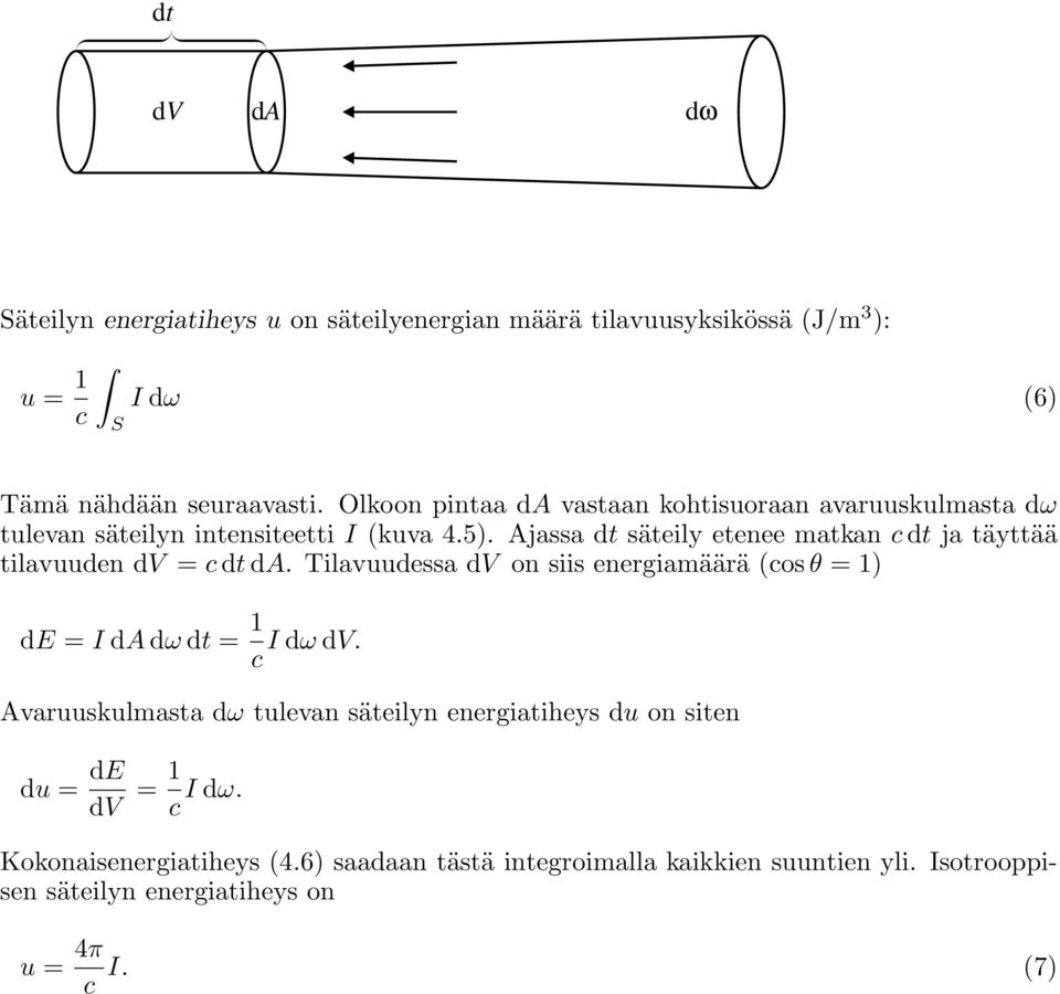 Ajassa dt säteily etenee matkan c dt ja täyttää tilavuuden dv = c dt da. Tilavuudessa dv on siis energiamäärä (cos θ = 1) de = I dadω dt = 1 I dω dv.