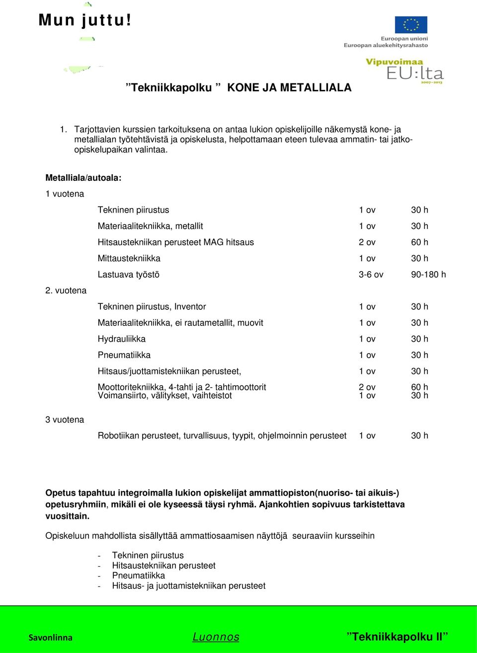 Metalliala/autoala: 1 vuotena 2.