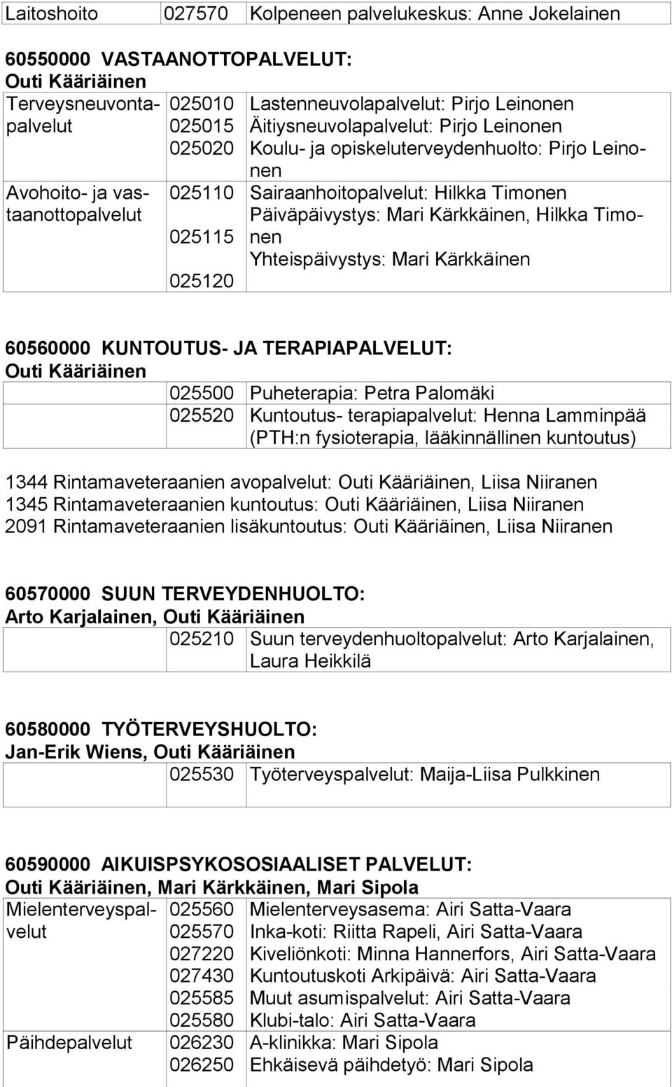 Kärkkäinen, Hilk ka Ti monen Yhteispäivystys: Mari Kärkkäinen 60560000 KUNTOUTUS- JA TERAPIAPALVELUT: Outi Kääriäinen 025500 Puheterapia: Petra Palomäki 025520 Kuntoutus- terapiapalvelut: Henna Lam