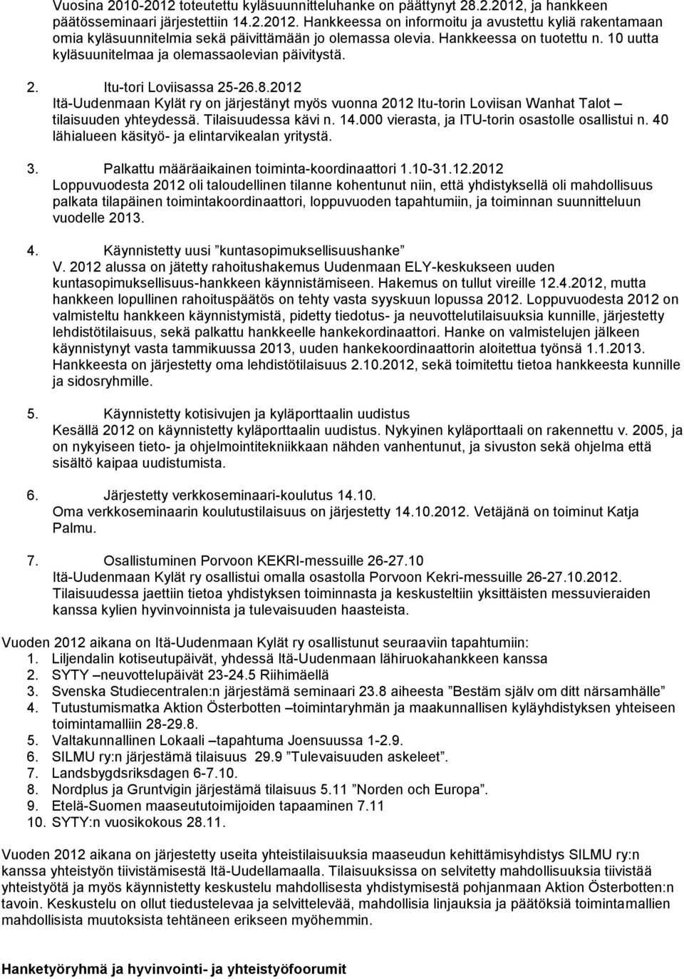 2012 Itä-Uudenmaan Kylät ry on järjestänyt myös vuonna 2012 Itu-torin Loviisan Wanhat Talot tilaisuuden yhteydessä. Tilaisuudessa kävi n. 14.000 vierasta, ja ITU-torin osastolle osallistui n.