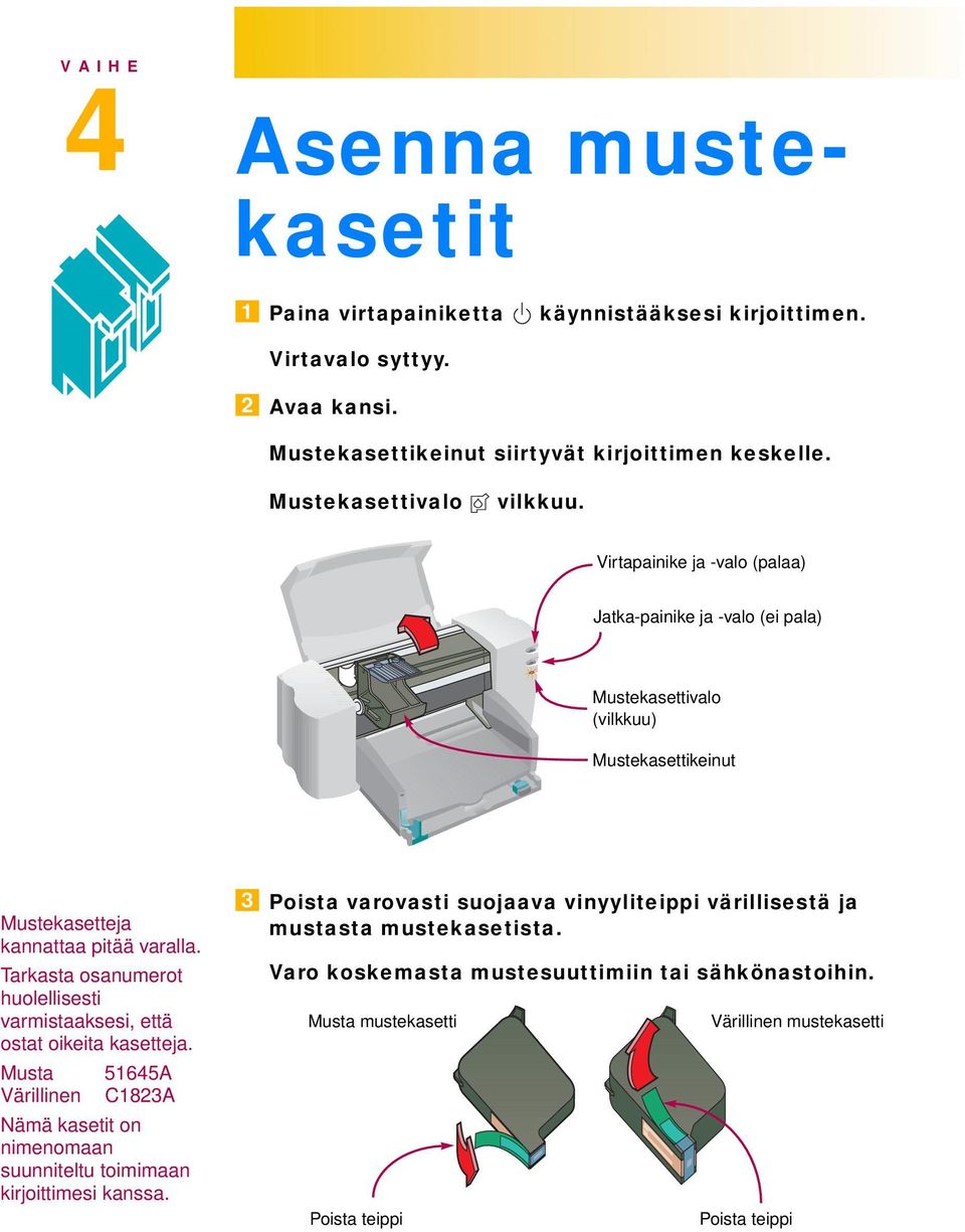 Tarkasta osanumerot huolellisesti varmistaaksesi, että ostat oikeita kasetteja. Musta 51645A Värillinen C1823A Nämä kasetit on nimenomaan suunniteltu toimimaan kirjoittimesi kanssa.