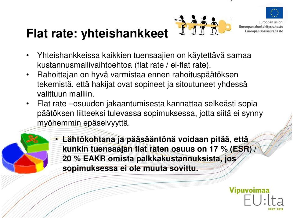 Flat rate osuuden jakaantumisesta kannattaa selkeästi sopia päätöksen liitteeksi tulevassa sopimuksessa, jotta siitä ei synny myöhemmin epäselvyyttä.