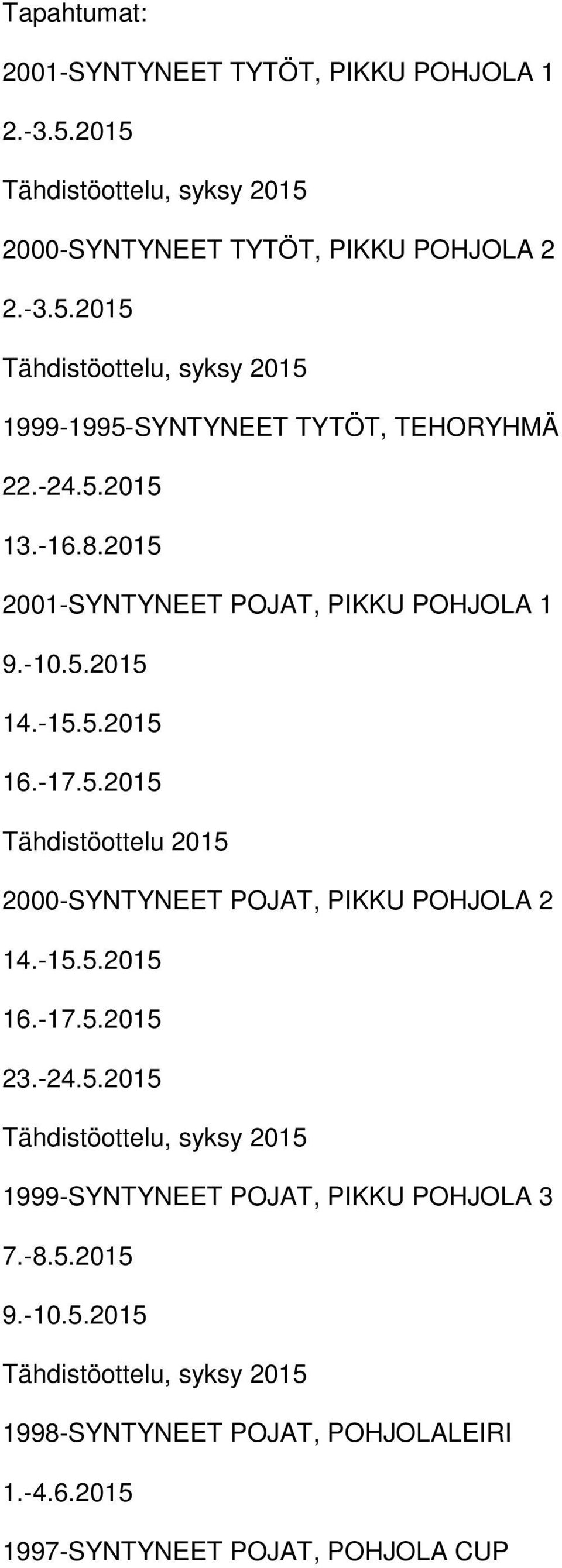 -15.5.2015 16.-17.5.2015 23.-24.5.2015 Tähdistöottelu, syksy 2015 1999-SYNTYNEET POJAT, PIKKU POHJOLA 3 7.-8.5.2015 9.-10.5.2015 Tähdistöottelu, syksy 2015 1998-SYNTYNEET POJAT, POHJOLALEIRI 1.
