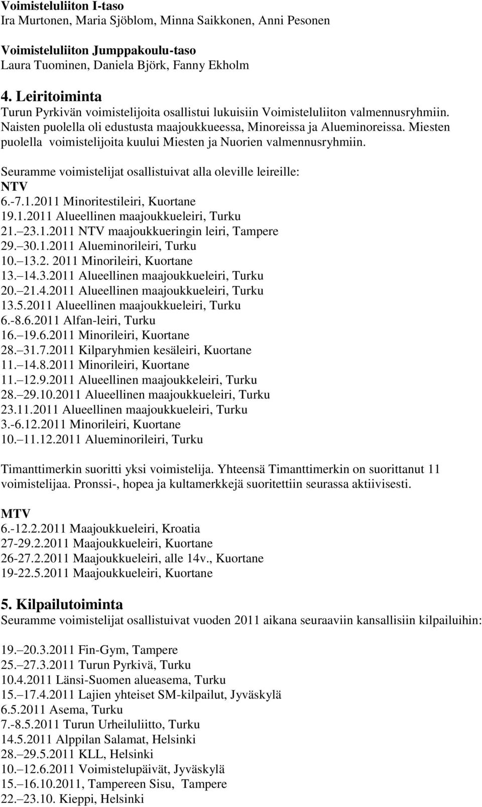 Miesten puolella voimistelijoita kuului Miesten ja Nuorien valmennusryhmiin. Seuramme voimistelijat osallistuivat alla oleville leireille: NTV 6.-7.1.2011 Minoritestileiri, Kuortane 19.1.2011 Alueellinen maajoukkueleiri, Turku 21.