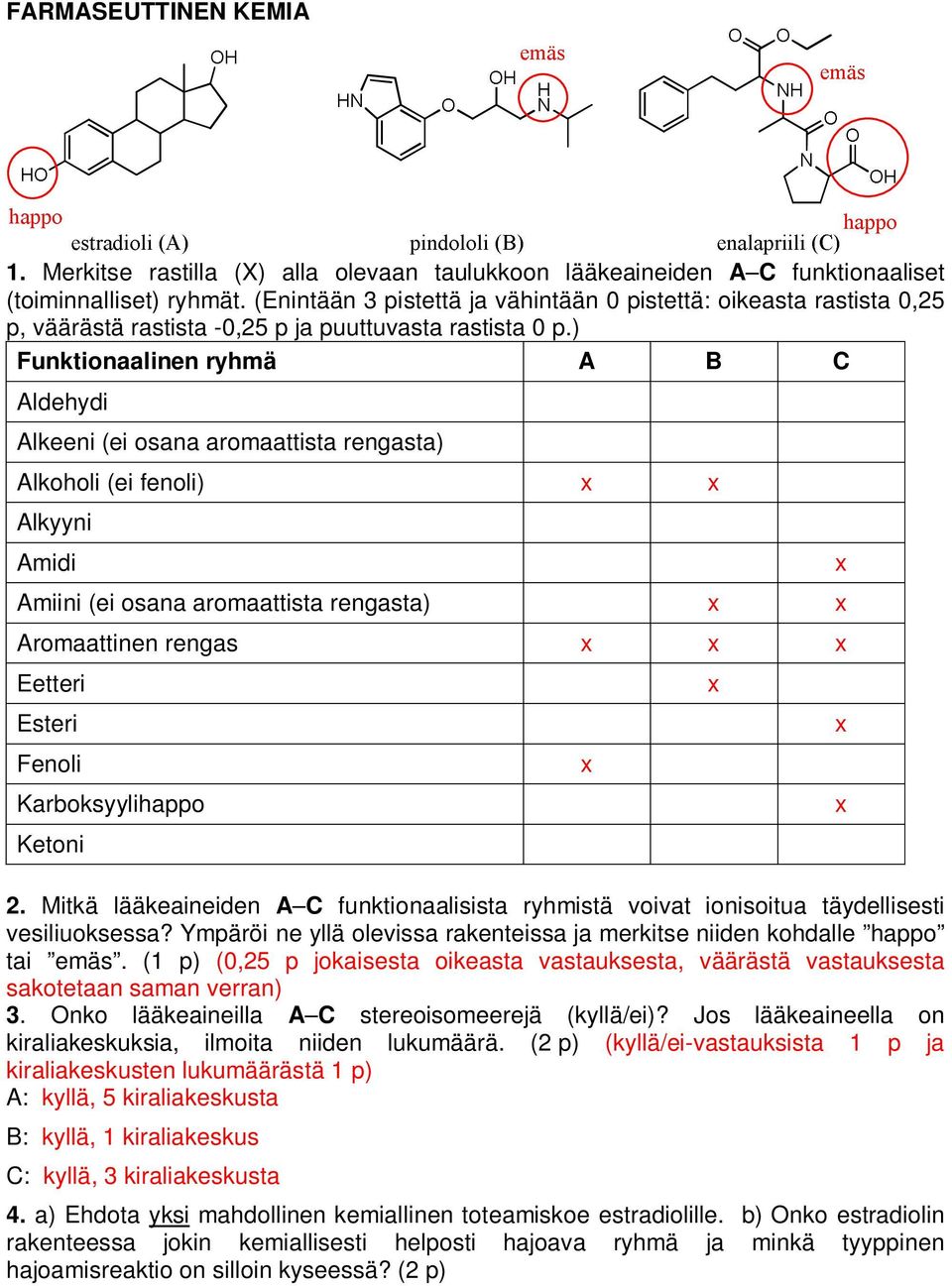 ) Funktionaalinen ryhmä A B C Aldehydi Alkeeni (ei osana aromaattista rengasta) Alkoholi (ei fenoli) Alkyyni Amidi Amiini (ei osana aromaattista rengasta) Aromaattinen rengas Eetteri Esteri Fenoli