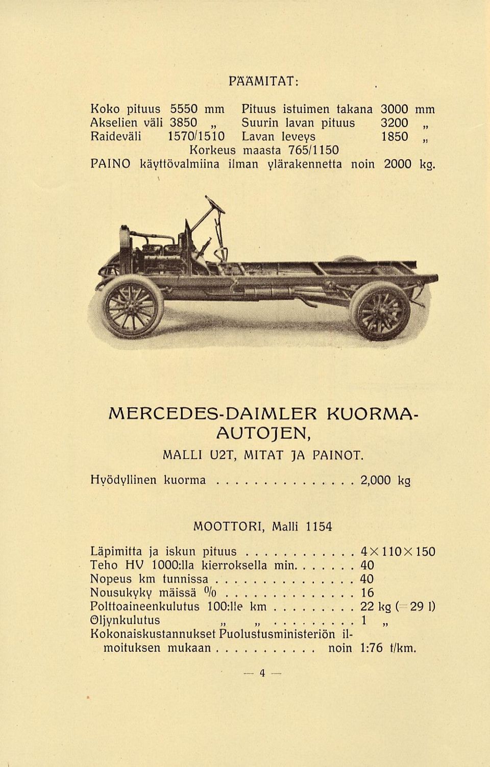 Hyödyllinen kuorma 2,000 kg MOOTTORI, Malli 1154 Läpimitta ja iskun pituus 4X110X150 Teho HV 1000:11 a kierroksella min 40 Nopeus km tunnissa 40