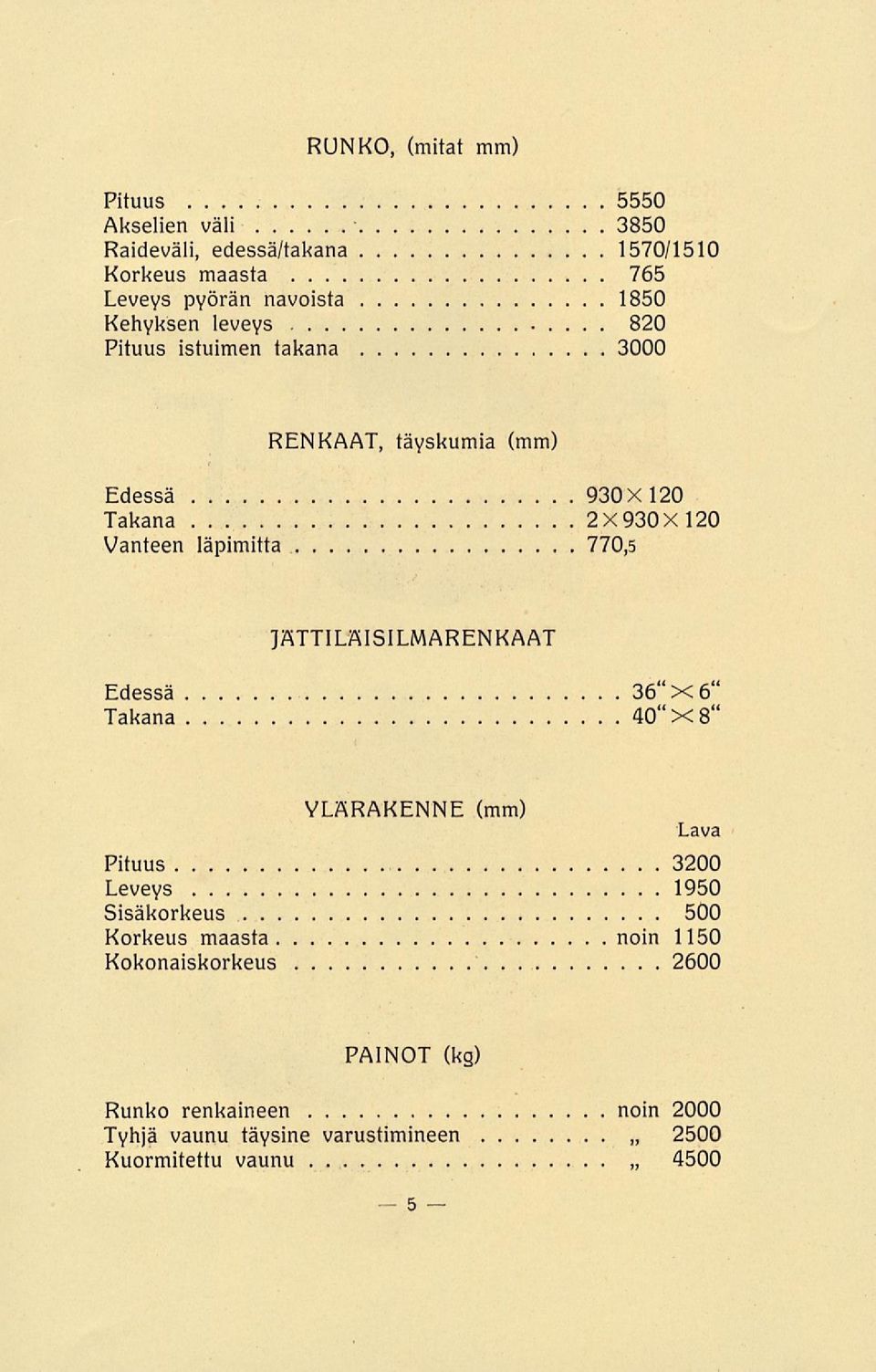 770,5 JÄTTILÄISILMARENKAAT Edessä 36" x 6" Takana 40" X 8" YLÄRAKENNE (mm) Lava Pituus 3200 Leveys 1950 Sisäkorkeus 500 Korkeus