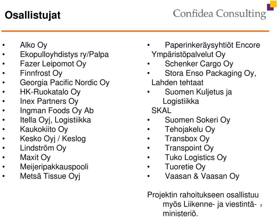 Encore Ympäristöpalvelut Oy Schenker Cargo Oy Stora Enso Packaging Oy, Lahden tehtaat Suomen Kuljetus ja Logistiikka SKAL Suomen Sokeri Oy