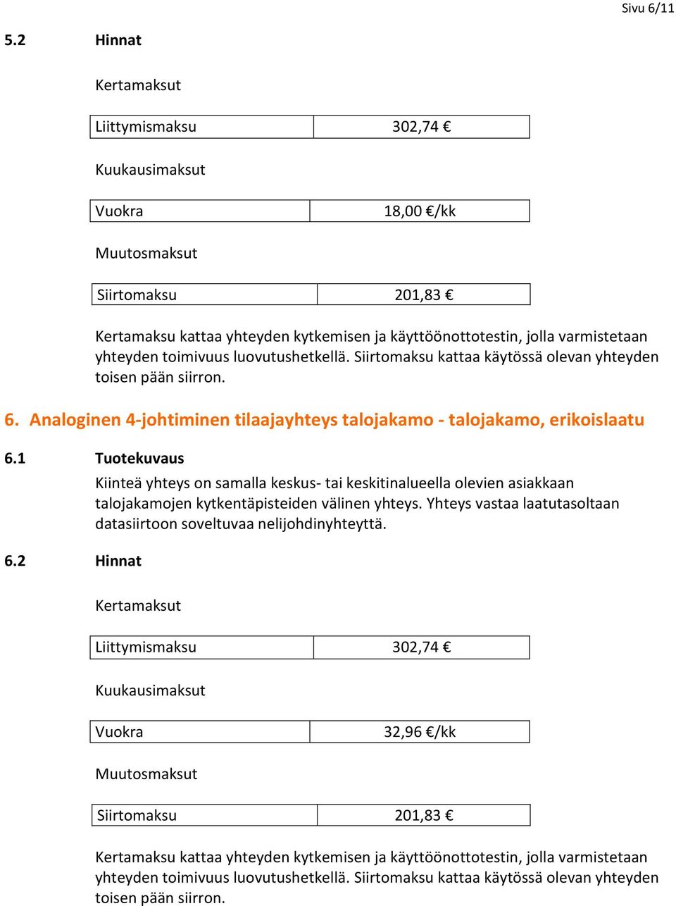 2 Hinnat Kiinteä yhteys on samalla keskus- tai keskitinalueella olevien asiakkaan talojakamojen