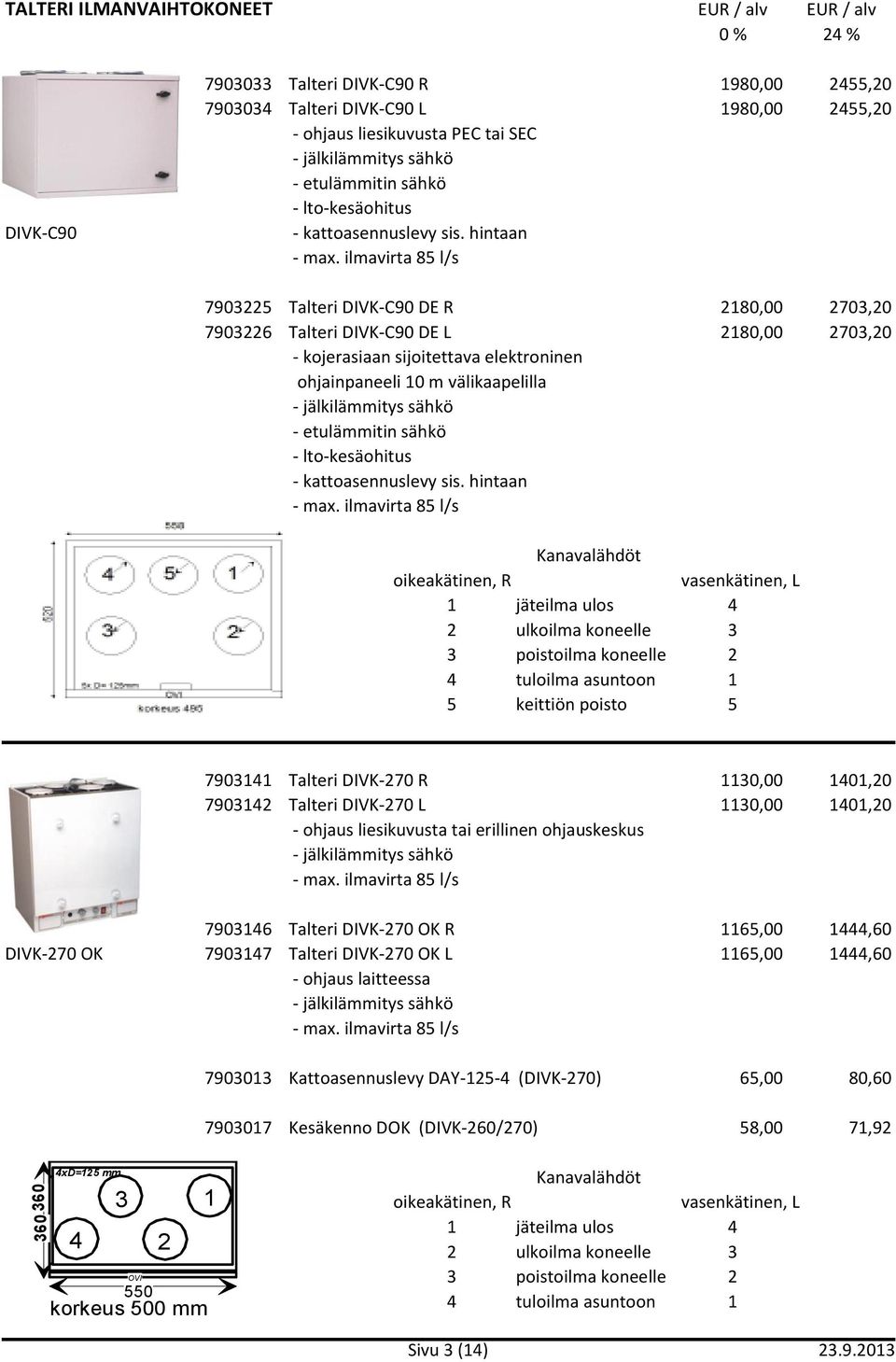 ilmavirta 85 l/s 7903225 Talteri DIVK-C90 DE R 2180,00 2703,20 7903226 Talteri DIVK-C90 DE L 2180,00 2703,20 - kojerasiaan sijoitettava elektroninen - etulämmitin sähkö - kattoasennuslevy sis.