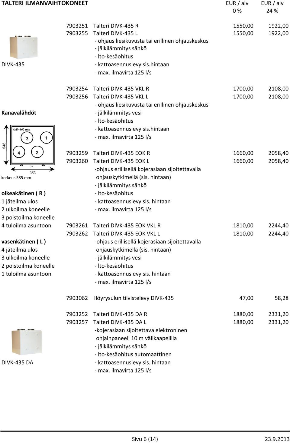 ilmavirta 125 l/s Kanavalähdöt 4xD=160 mm 3 1 7903254 Talteri DIVK-435 VKL R 1700,00 2108,00 7903256 Talteri DIVK-435 VKL L 1700,00 2108,00 - ohjaus liesikuvusta tai erillinen ohjauskeskus - 