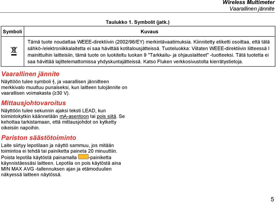 Tuoteluokka: Viitaten WEEE-direktiivin liitteessä I mainittuihin laitteisiin, tämä tuote on luokiteltu luokan 9 "Tarkkailu- ja ohjauslaitteet" -tuotteeksi.