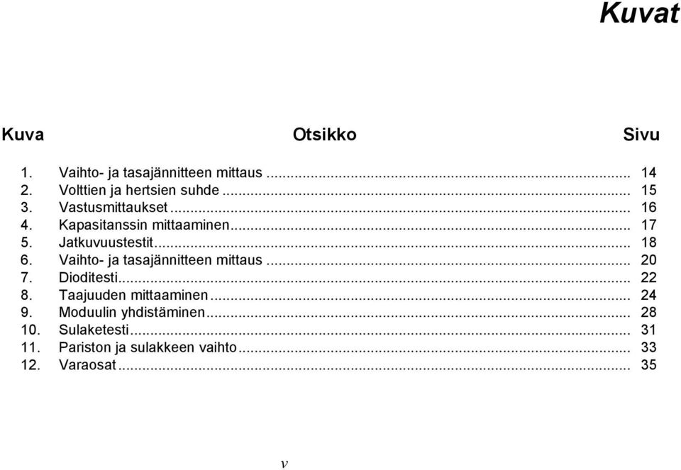 Vaihto- ja tasajännitteen mittaus... 20 7. Dioditesti... 22 8. Taajuuden mittaaminen... 24 9.