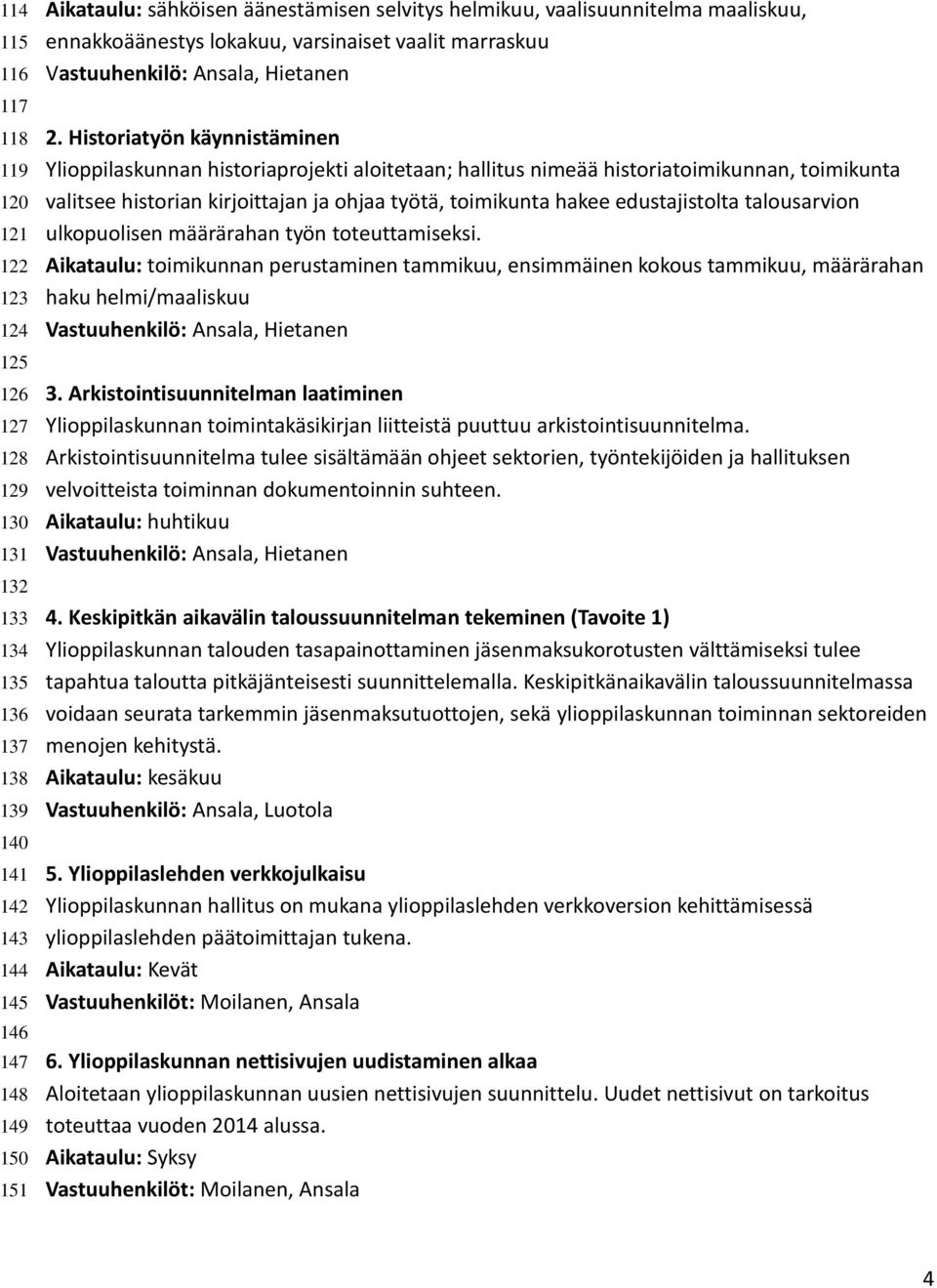 Historiatyön käynnistäminen Ylioppilaskunnan historiaprojekti aloitetaan; hallitus nimeää historiatoimikunnan, toimikunta valitsee historian kirjoittajan ja ohjaa työtä, toimikunta hakee