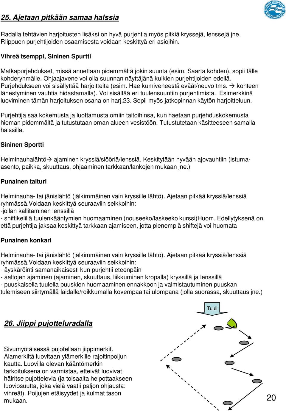 Ohjaajavene voi olla suunnan näyttäjänä kulkien purjehtijoiden edellä. Purjehdukseen voi sisällyttää harjoitteita (esim. Hae kumiveneestä eväät/neuvo tms. kohteen lähestyminen vauhtia hidastamalla).