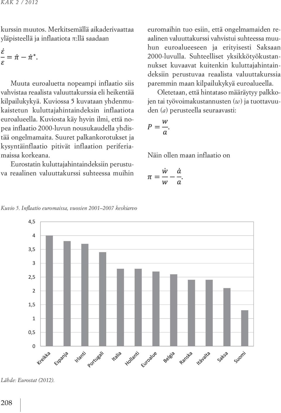 Kuviossa 5 kuvataan yhdenmukaistetun kuluttajahintaindeksin inflaatiota euroalueella. Kuviosta käy hyvin ilmi, että nopea inflaatio 2000-luvun nousukaudella yhdistää ongelmamaita.