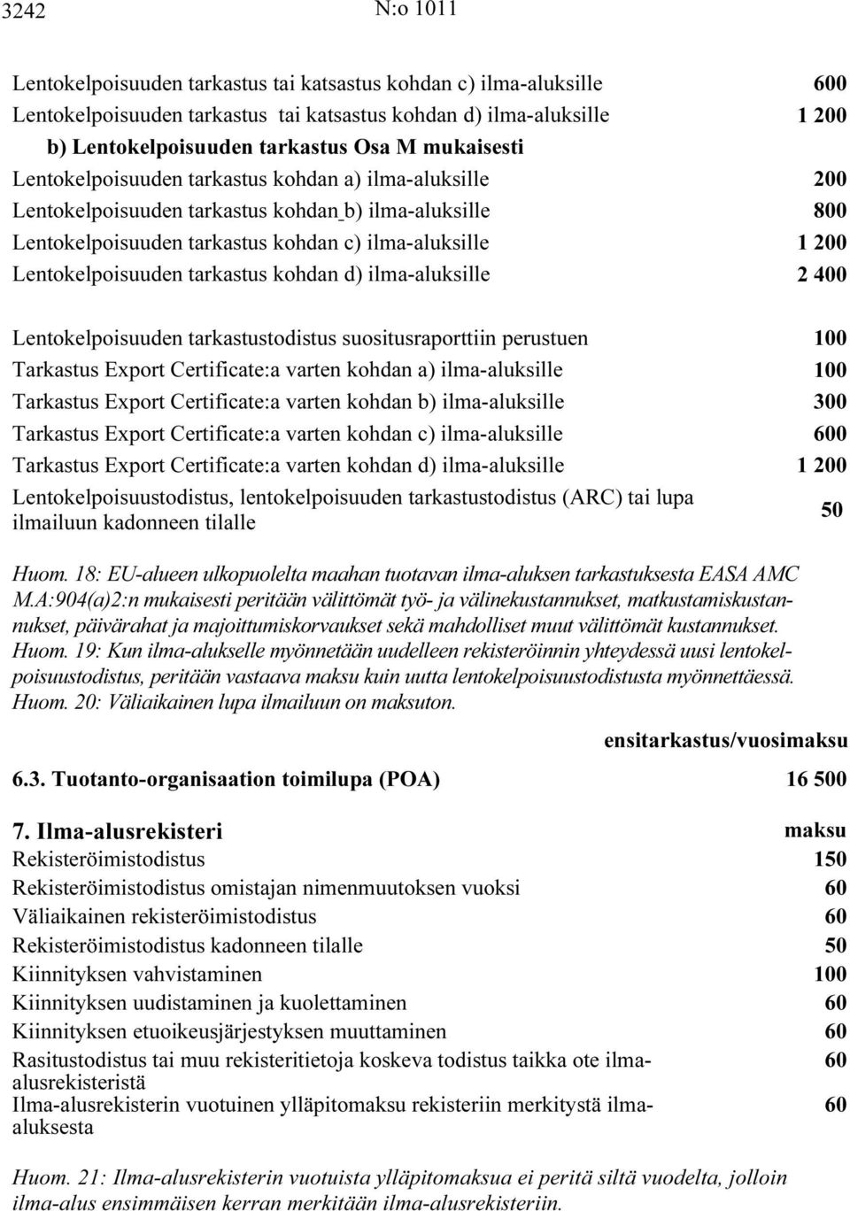 Lentokelpoisuuden tarkastus kohdan d) ilma-aluksille 2 400 Lentokelpoisuuden tarkastustodistus suositusraporttiin perustuen 100 Tarkastus Export Certificate:a varten kohdan a) ilma-aluksille 100