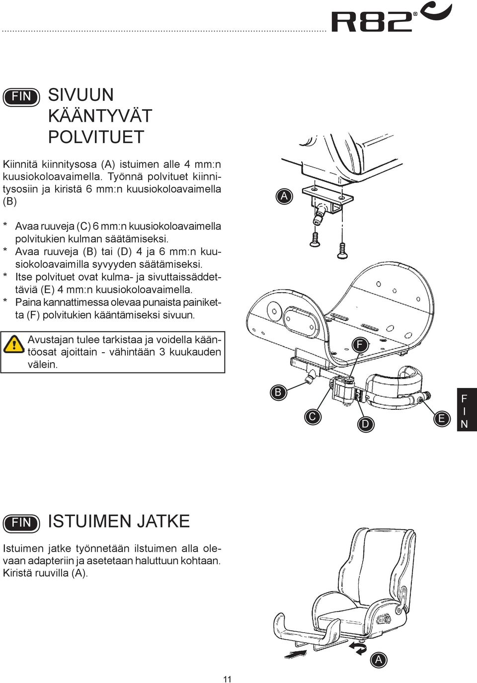 * vaa ruuveja () tai (D) 4 ja 6 mm:n kuusiokoloavaimilla syvyyden säätämiseksi. * tse polvituet ovat kulma- ja sivuttaissäddettäviä (E) 4 mm:n kuusiokoloavaimella.