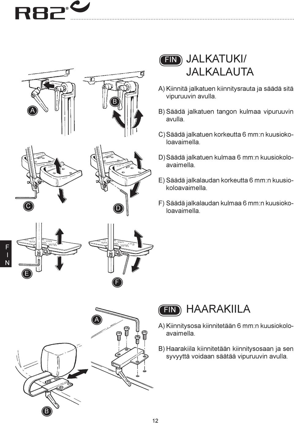 D) Säädä jalkatuen kulmaa 6 mm:n kuusiokoloavaimella. E) Säädä jalkalaudan korkeutta 6 mm:n kuusiokoloavaimella.