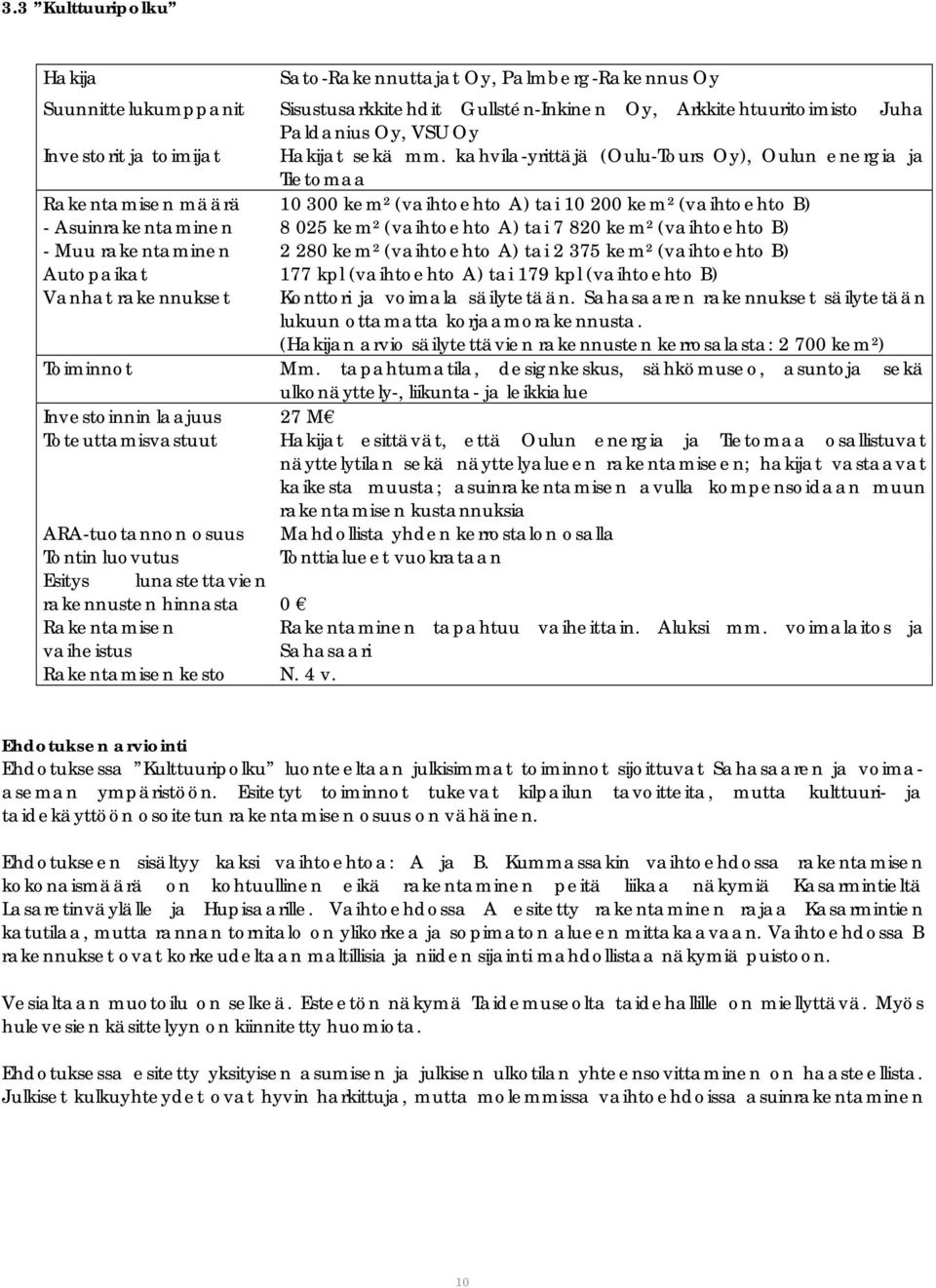 kahvila-yrittäjä (Oulu-Tours Oy), Oulun energia ja Tietomaa Rakentamisen määrä 10 300 kem² (vaihtoehto A) tai 10 200 kem² (vaihtoehto B) - Asuinrakentaminen 8 025 kem² (vaihtoehto A) tai 7 820 kem²