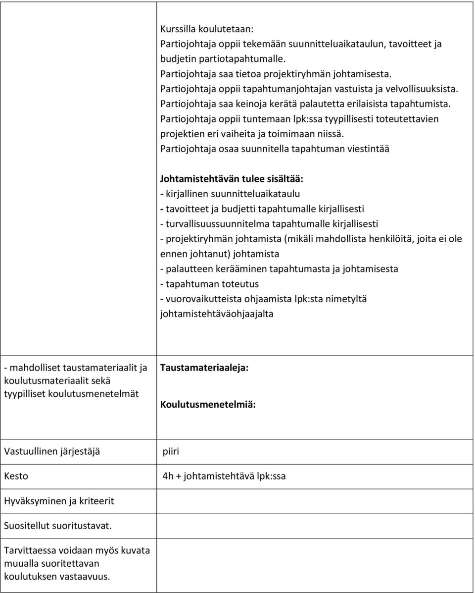 Partiojohtaja oppii tuntemaan lpk:ssa tyypillisesti toteutettavien projektien eri vaiheita ja toimimaan niissä.