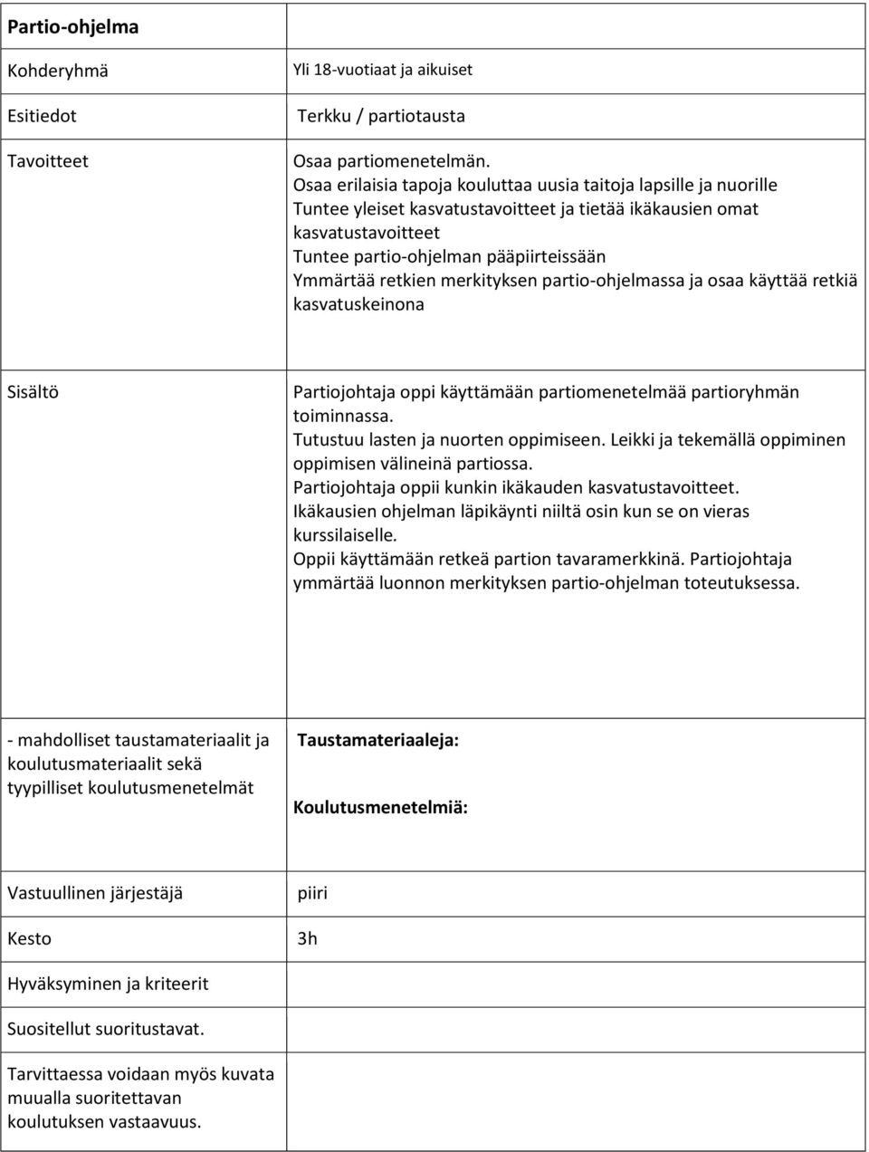 Ymmärtää retkien merkityksen partio-ohjelmassa ja osaa käyttää retkiä kasvatuskeinona Partiojohtaja oppi käyttämään partiomenetelmää partioryhmän toiminnassa.