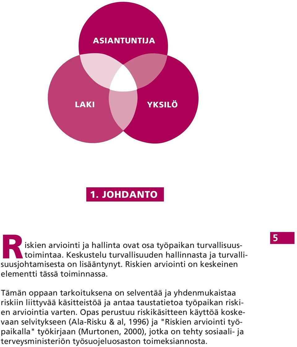 5 Tämän oppaan tarkoituksena on selventää ja yhdenmukaistaa riskiin liittyvää käsitteistöä ja antaa taustatietoa työpaikan riskien arviointia varten.