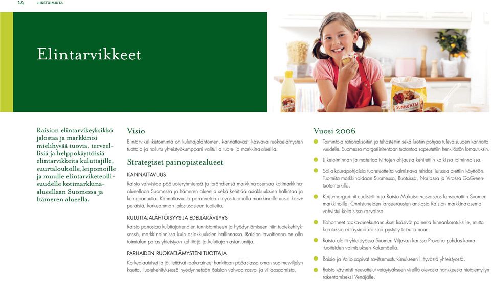 Visio Elintarvikeliiketoiminta on kuluttajalähtöinen, kannattavasti kasvava ruokaelämysten tuottaja ja haluttu yhteistyökumppani valituilla tuote- ja markkina-alueilla.