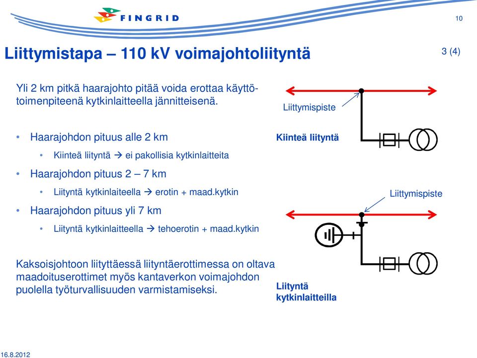 kytkinlaiteella erotin + maad.kytkin Haarajohdon pituus yli 7 km Liityntä kytkinlaitteella tehoerotin + maad.