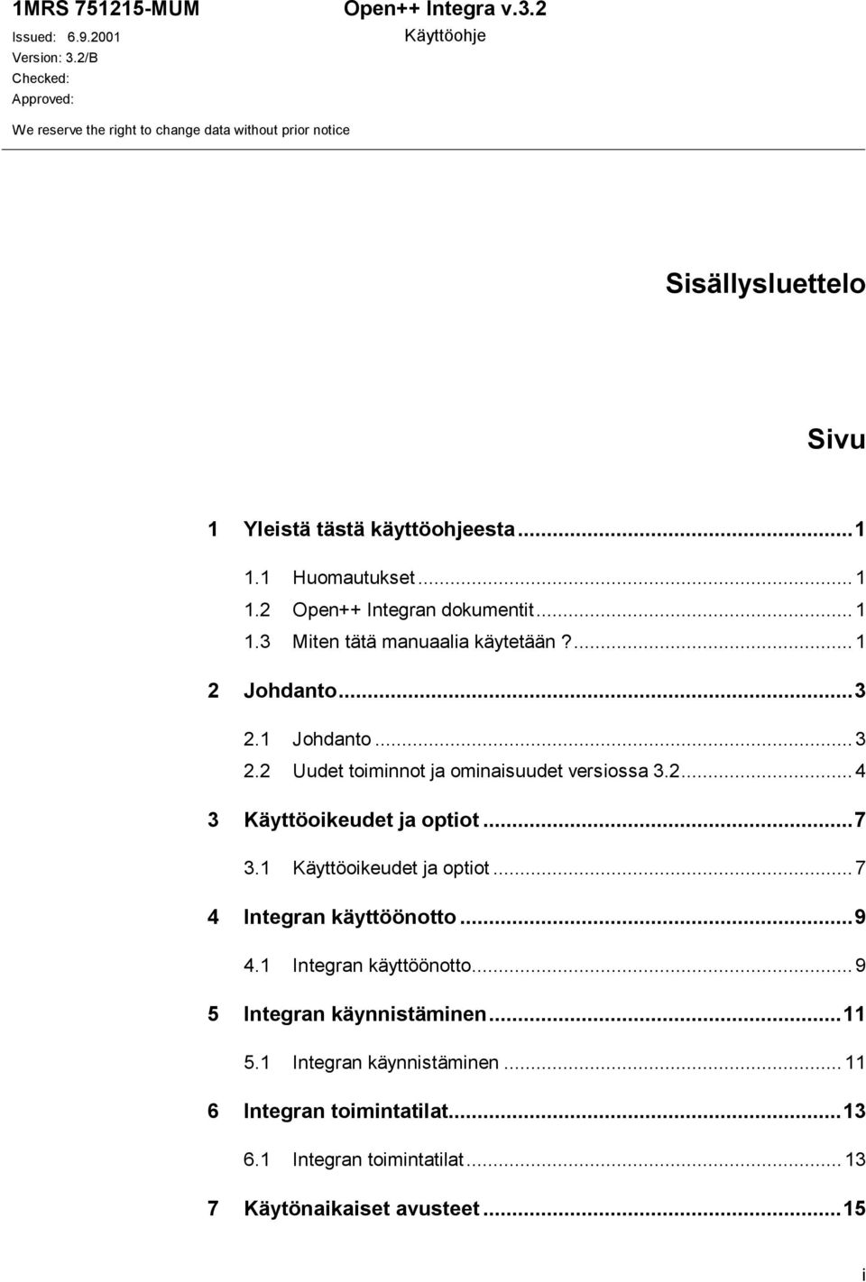 2...4 3 Käyttöoikeudet ja optiot...7 3.1 Käyttöoikeudet ja optiot...7 4 Integran käyttöönotto...9 4.1 Integran käyttöönotto...9 5 Integran käynnistäminen...11 5.
