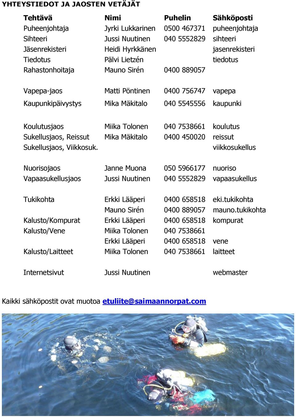 Miika Tolonen 040 7538661 koulutus Sukellusjaos, Reissut Mika Mäkitalo 0400 450020 reissut Sukellusjaos, Viikkosuk.
