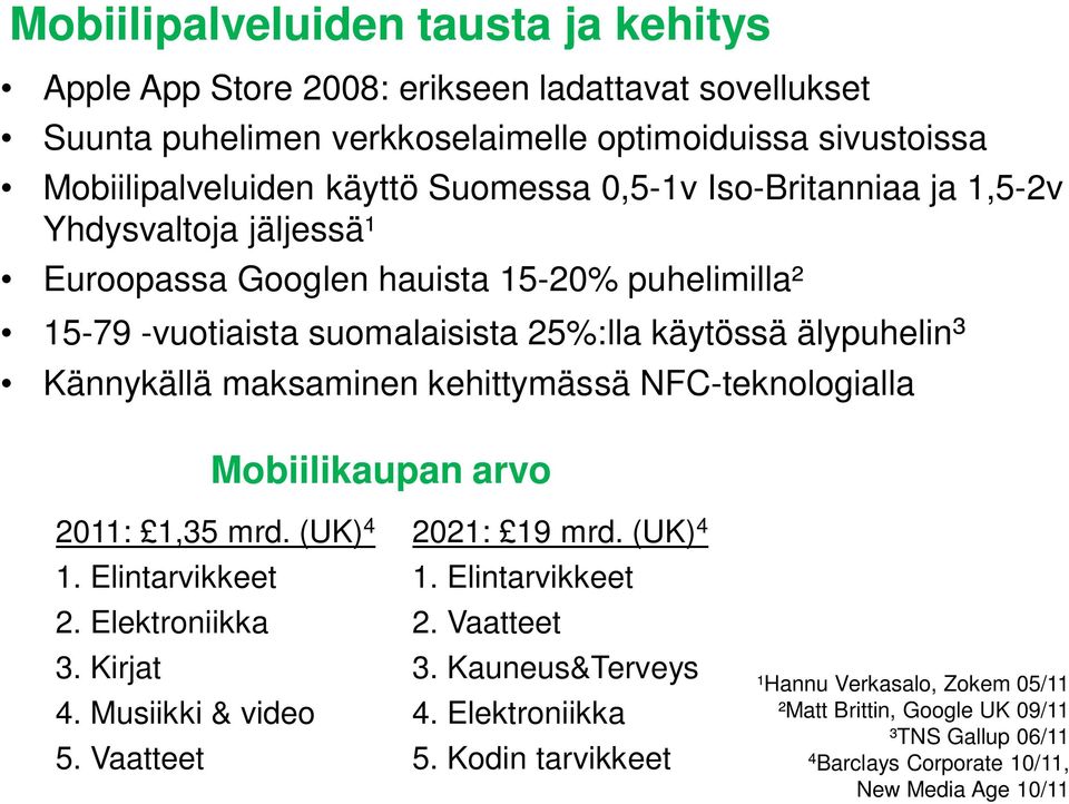 kehittymässä NFC-teknologialla Mobiilikaupan arvo 2011: 1,35 mrd. (UK) 4 1. Elintarvikkeet 2. Elektroniikka 3. Kirjat 4. Musiikki & video 5. Vaatteet 2021: 19 mrd. (UK) 4 1. Elintarvikkeet 2. Vaatteet 3.