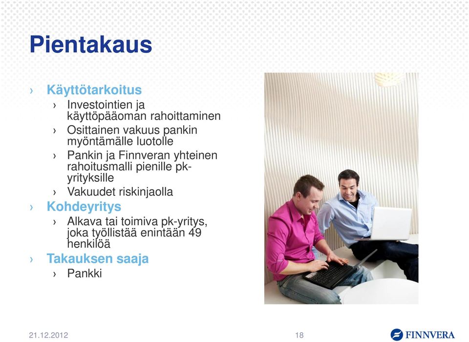 rahoitusmalli pienille pkyrityksille Vakuudet riskinjaolla Kohdeyritys Alkava