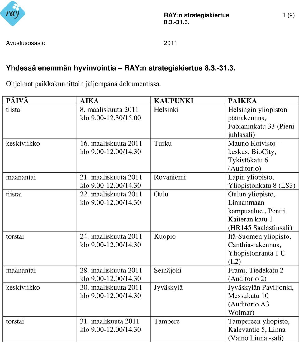 maaliskuuta 2011 maanantai 28. maaliskuuta 2011 keskiviikko 30. maaliskuuta 2011 torstai 31.