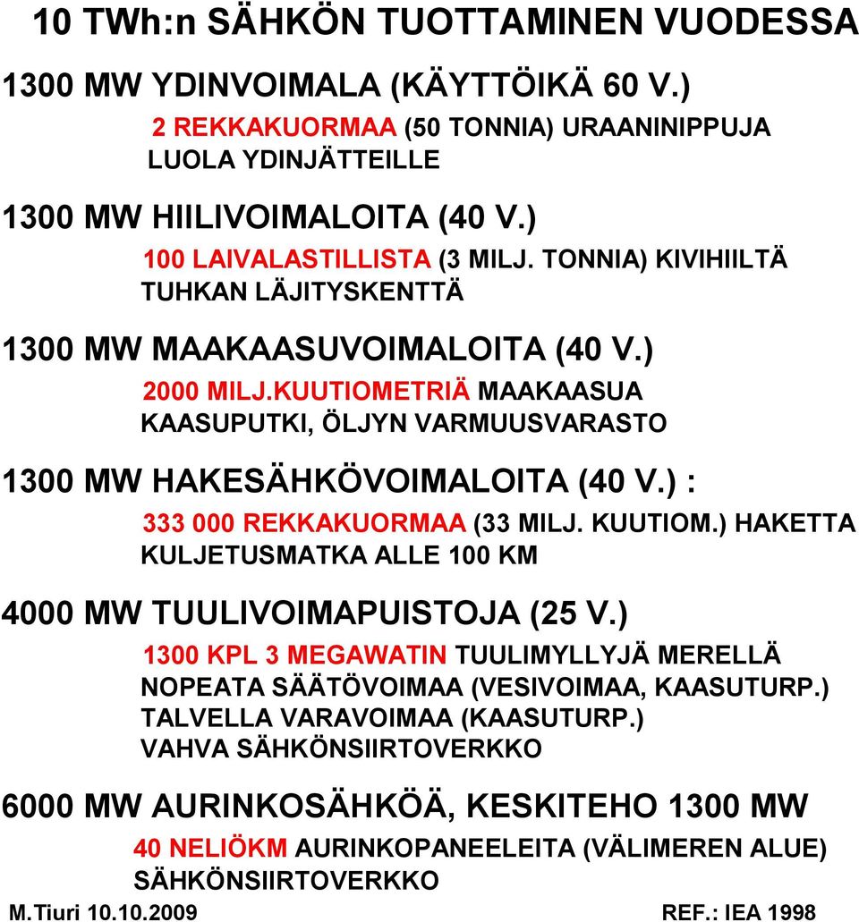 KUUTIOMETRIÄ MAAKAASUA KAASUPUTKI, ÖLJYN VARMUUSVARASTO 1300 MW HAKESÄHKÖVOIMALOITA (40 V.) : 333 000 REKKAKUORMAA (33 MILJ. KUUTIOM.