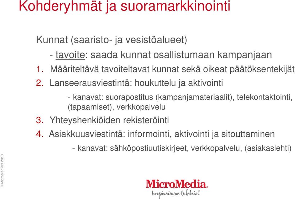 Lanseerausviestintä: houkuttelu ja aktivointi - kanavat: suorapostitus (kampanjamateriaalit), telekontaktointi,