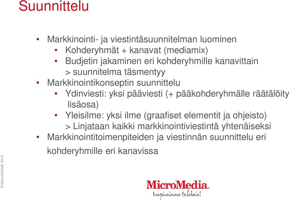 (+ pääkohderyhmälle räätälöity lisäosa) Yleisilme: yksi ilme (graafiset elementit ja ohjeisto) > Linjataan kaikki