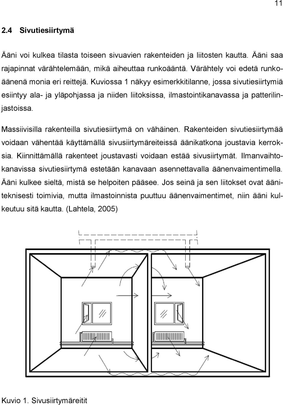 Kuviossa 1 näkyy esimerkkitilanne, jossa sivutiesiirtymiä esiintyy ala- ja yläpohjassa ja niiden liitoksissa, ilmastointikanavassa ja patterilinjastoissa.