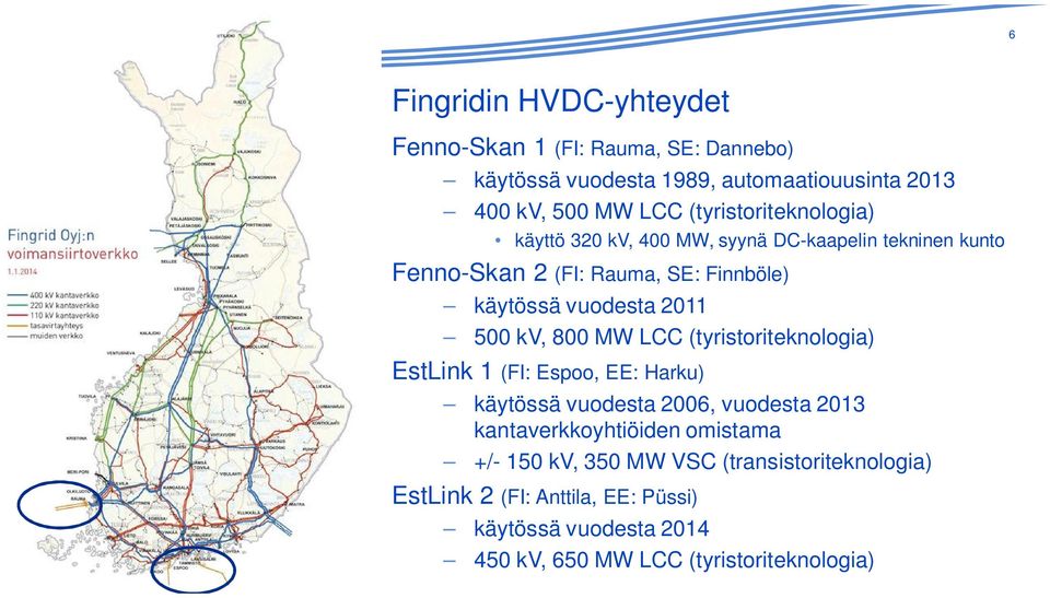 kv, 800 MW LCC (tyristoriteknologia) EstLink (FI: Espoo, EE: Harku) käytössä vuodesta 006, vuodesta 03 kantaverkkoyhtiöiden omistama +/-