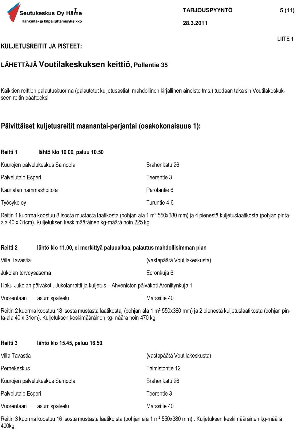 50 Kuurojen palvelukeskus Sampola Brahenkatu 26 Palvelutalo Esperi Teerentie 3 Kaurialan hammashoitola Parolantie 6 Työsyke oy Turuntie 4-6 Reitin 1 kuorma koostuu 8 isosta mustasta laatikosta