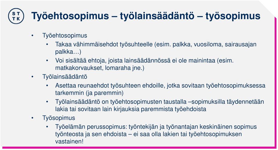 ) Työlainsäädäntö Asettaa reunaehdot työsuhteen ehdoille, jotka sovitaan työehtosopimuksessa tarkemmin (ja paremmin) Työlainsäädäntö on työehtosopimusten