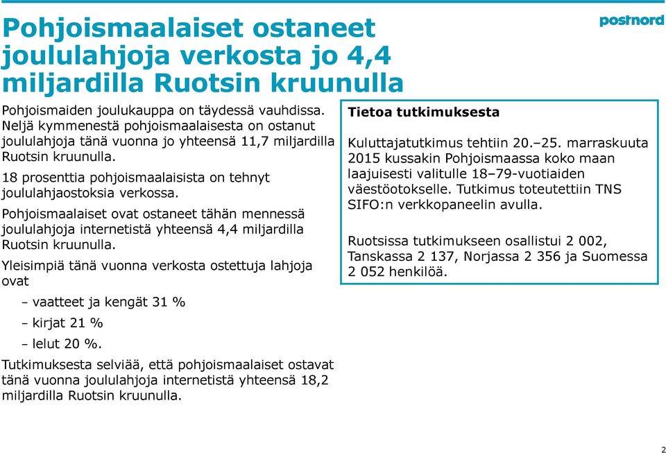 Pohjoismaalaiset ovat ostaneet tähän mennessä joululahjoja internetistä yhteensä 4,4 miljardilla Ruotsin kruunulla.