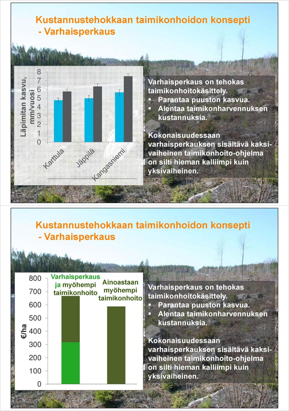 215 /ha 8 7 6 5 4 3 2 1 Varhaisperkaus ja myöhempi Ainoastaan taimikonhoito myöhempi taimikonhoito Varhaisperkaus on tehokas taimikonhoitokäsittely.