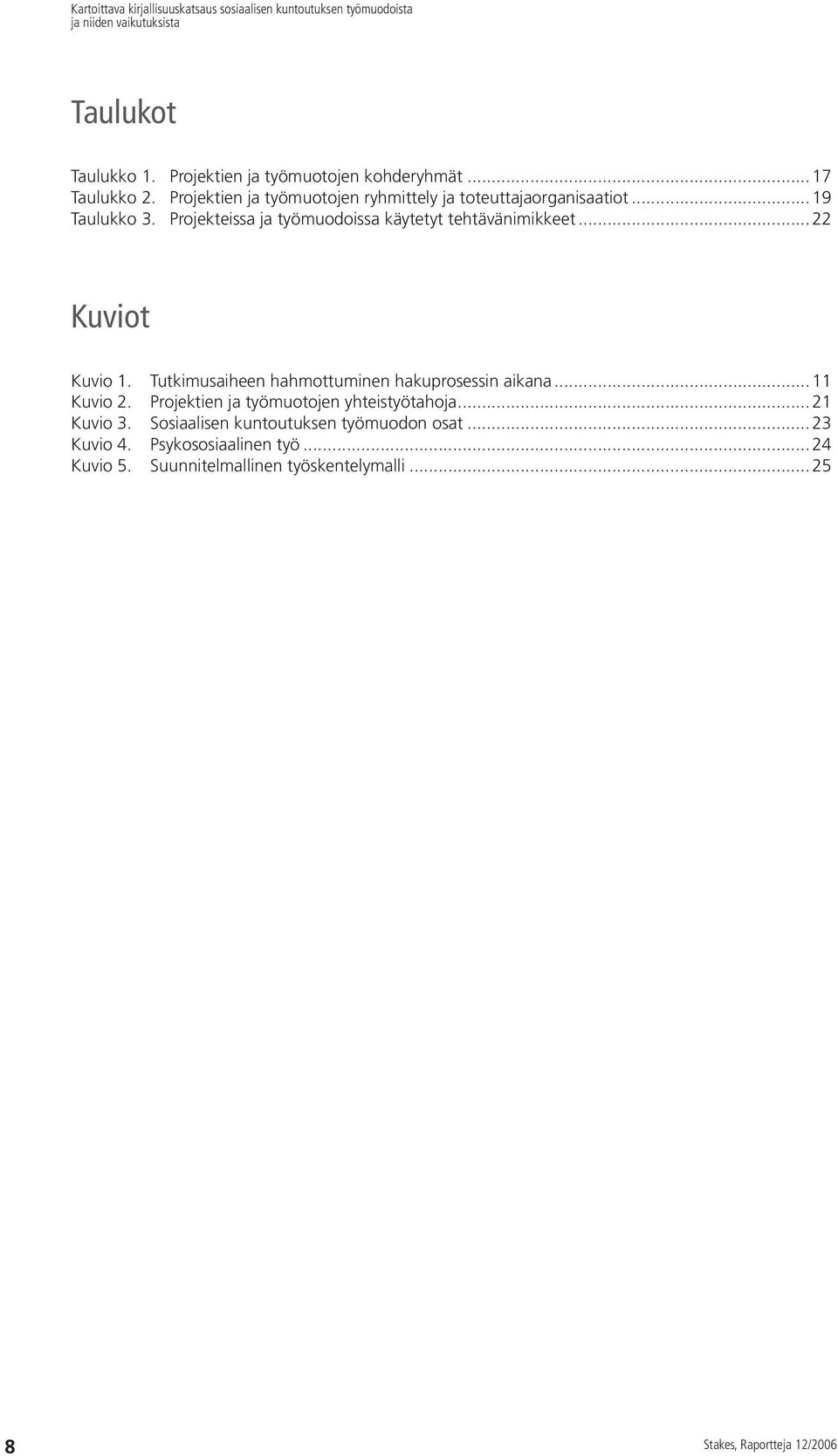 Projekteissa ja työmuodoissa käytetyt tehtävänimikkeet... 22 Kuviot Kuvio 1. Tutkimusaiheen hahmottuminen hakuprosessin aikana... 11 Kuvio 2.