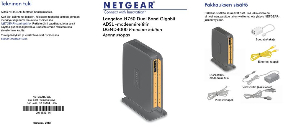 Langaton N750 Dual Band Gigabit ADSL -modeemireititin DGND4000 Premium Edition Asennusopas Pakkauksen sisältö Suodatin/jakaja Ethernet-kaapeli Pakkaus sisältää seuraavat osat.