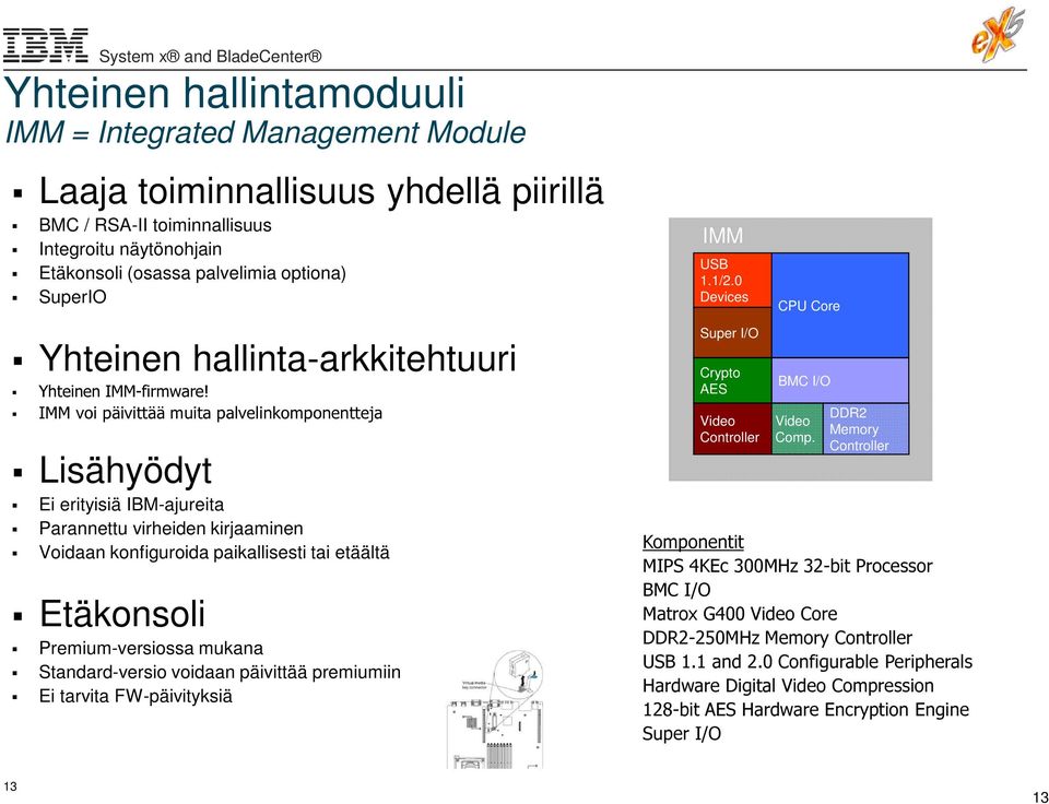 IMM voi päivittää muita palvelinkomponentteja Lisähyödyt Ei erityisiä IBM-ajureita Parannettu virheiden kirjaaminen Voidaan konfiguroida paikallisesti tai etäältä Etäkonsoli Premium-versiossa mukana