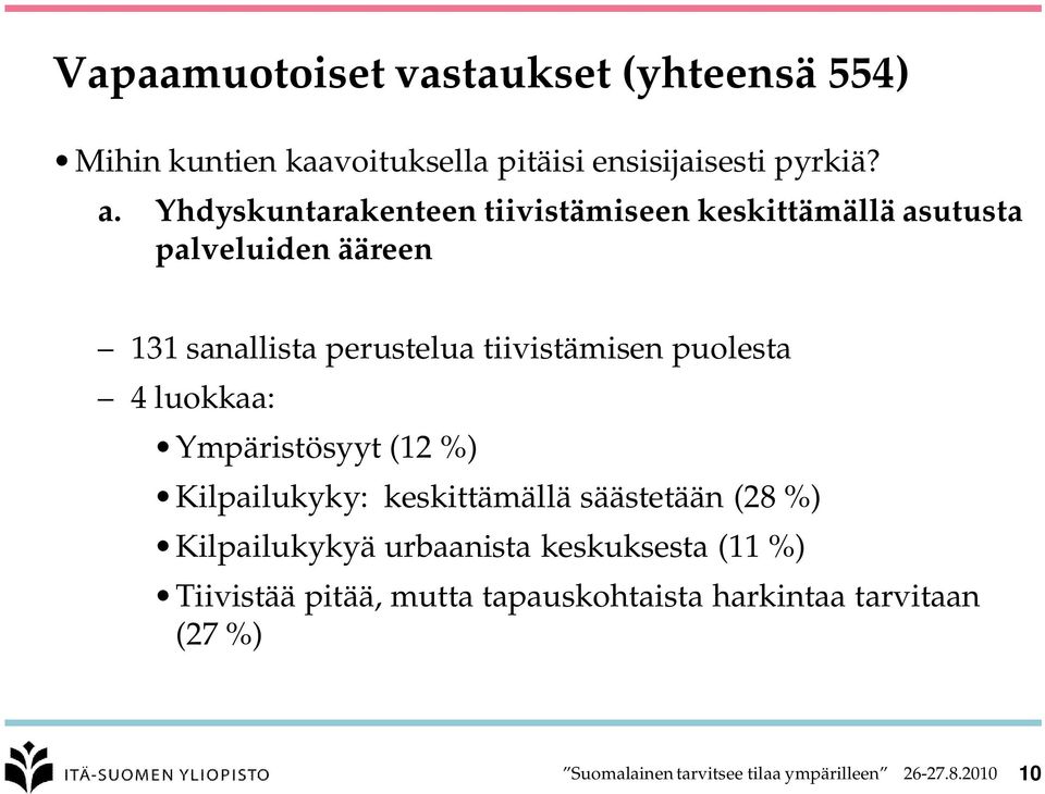 puolesta 4 luokkaa: Ympäristösyyt (12 %) Kilpailukyky: keskittämällä säästetään (28 %) Kilpailukykyä urbaanista