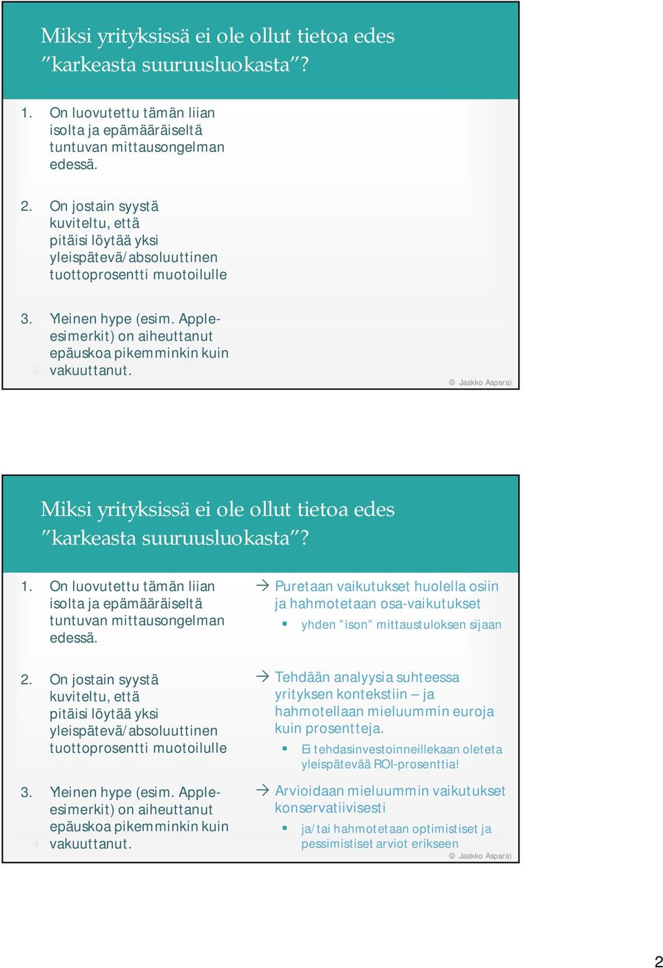 Appleesimerkit) on aiheuttanut epäuskoa pikemminkin kuin 3 vakuuttanut. ) Miksi yrityksissä ei ole ollut tietoa edes karkeasta suuruusluokasta? 1.