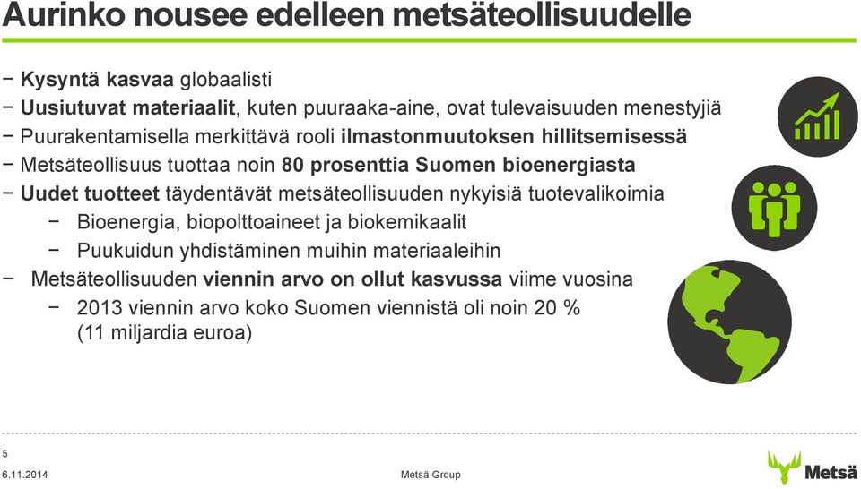 Uudet tuotteet täydentävät metsäteollisuuden nykyisiä tuotevalikoimia Bioenergia, biopolttoaineet ja biokemikaalit Puukuidun yhdistäminen muihin