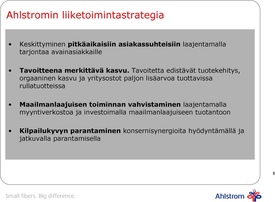 Tavoitetta edistävät tuotekehitys, orgaaninen kasvu ja yritysostot paljon lisäarvoa tuottavissa rullatuotteissa